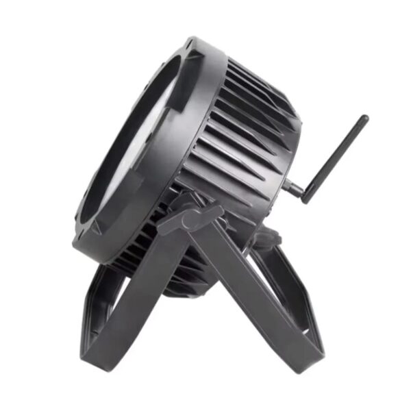 Compact LED Par Light side profile showing heat dissipation fins, wireless antenna, and adjustable mounting bracket